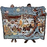 Pure Country Weavers Small Town Christmas Blanket by Charles Wysocki - Sleigh Ride Early America Gift Tapestry Throw Woven from Cotton - Made in The USA (72x54)