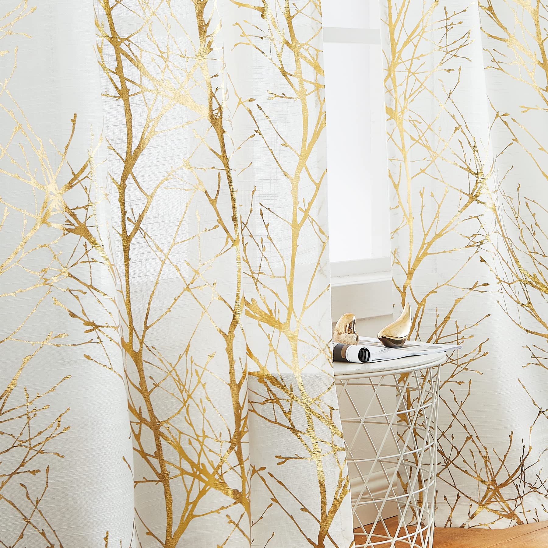 Fmfunctex White Gold Semi Sheer Curtains for Bedroom 54 Drop Voile Curtain for Living Room Branch Foil Eyelet Linen Textured Light Filtering Window Curtain Drapes for Dining Room 2 Panels