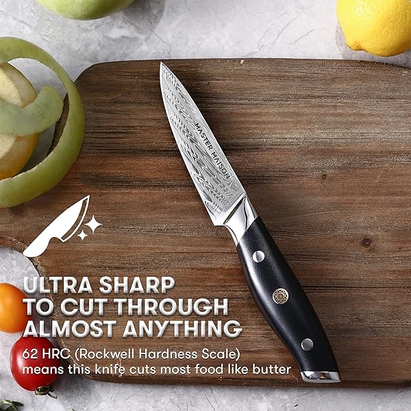 MASTER MAISON 3.5″ DAMASCUS STEEL PARING KNIFE WITH FULL-TANG HANDLE, SHEATH & STORAGE BOX – JAPANESE CHEF KNIFE, DAMASCUS CHEF KNIFE, HAND FORGE JAPANESE DAMASCUS CHEF KNIFE – BLACK WITH MOSAIC RIVET