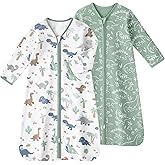 FIEMOL Baby Sleep Sack 6-12 Months, Long Sleeve Baby Wearable Blanket 0.5 Tog with Mittens, 2-Way Zipper Infant Cotton Sleeping Sack for Boy and Girl Green Dinosaur 2 Pack (Medium)