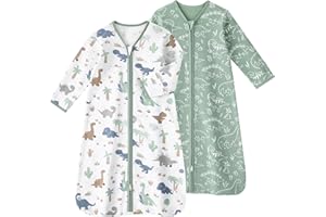 FIEMOL Baby Sleep Sack 6-12 Months, Long Sleeve Baby Wearable Blanket 0.5 Tog with Mittens, 2-Way Zipper Infant Cotton Sleeping Sack for Boy and Girl Green Dinosaur 2 Pack (Medium)