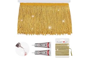 Yhsheen Gold Glittery Fringes, 5 Yards X 4 Inch Fringe Trim with B7000 Glue, Tassels Trim for Crafts Sewing by The Yard for Clothing Curtain