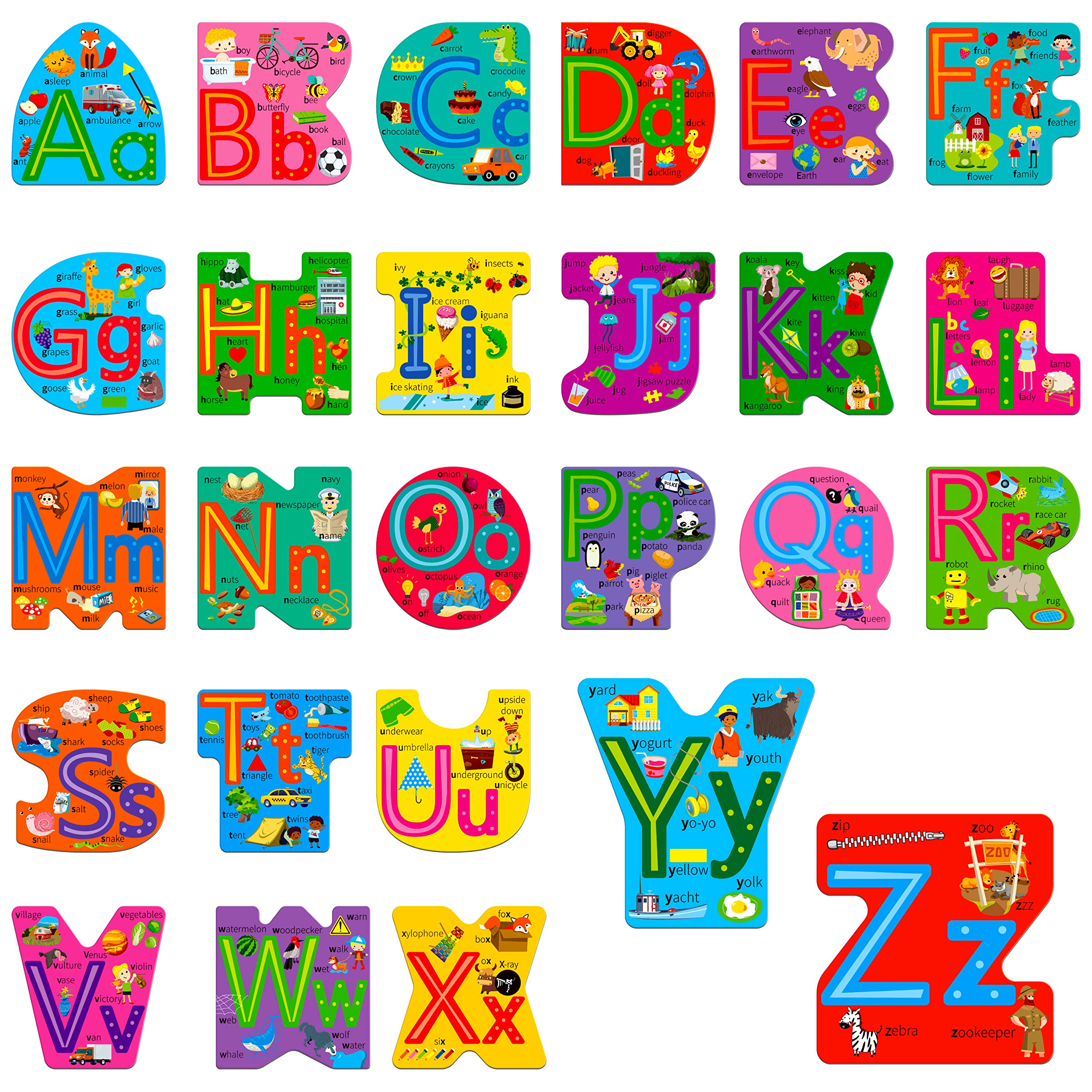 26 PCS Alphabet Posters, Letters Cutout Bulletin Board Set School Decoration Supplies Letter Teaching Tool for Toddler Kid Family Classroom, 12” x 11.5”