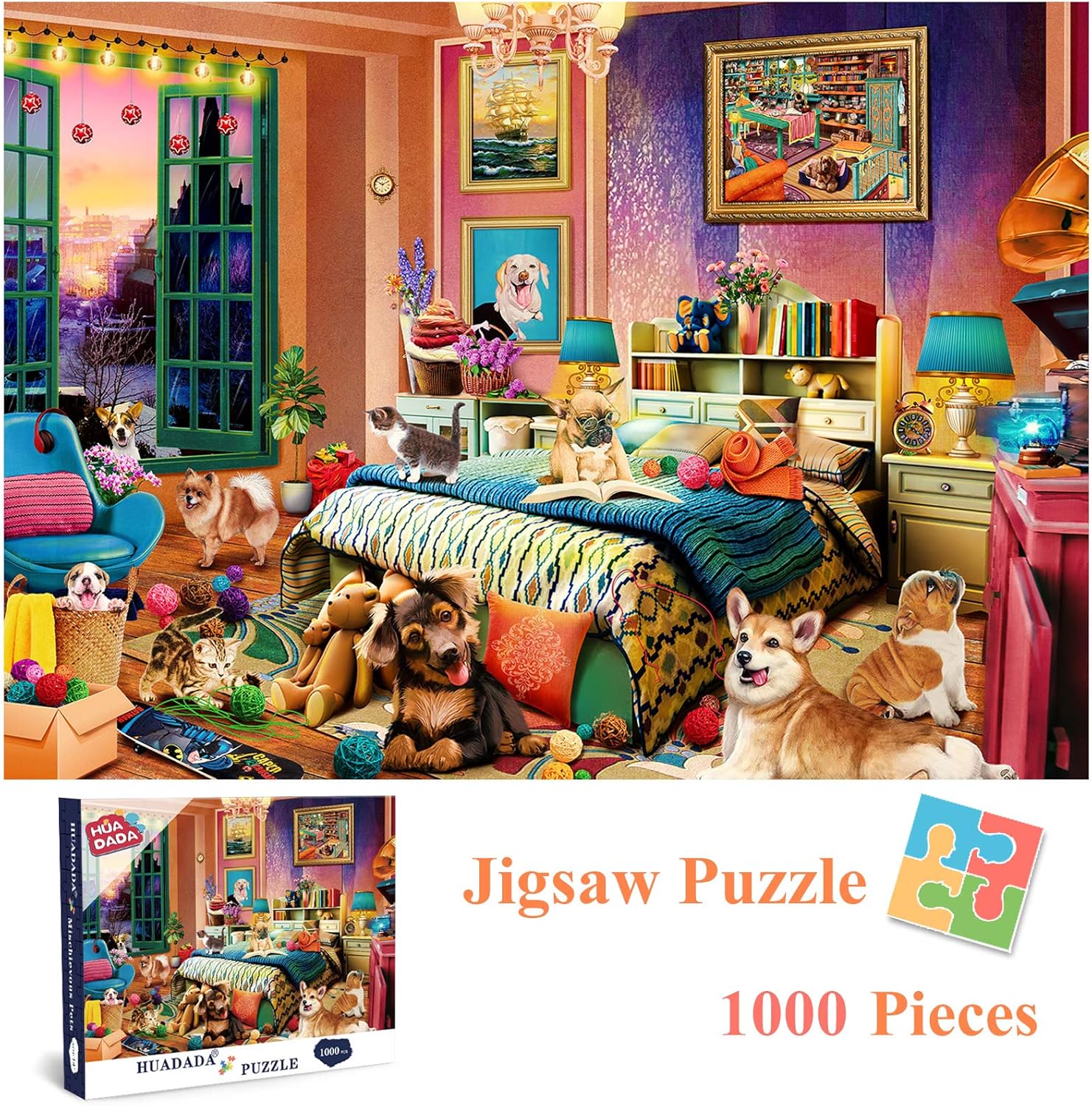 HUADADA Jigsaw Puzzles 1000 Pieces - Mischievous Pets - Puzzles 1000 Piece Family Games Puzzles for Adults 1000 Piece Funny Challenging Cute Cat Dog Puzzle (27.56" x 19.67"): Toys & Games