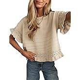 Yeokou Womens Short Sleeve Sweater Round Neck Ruffled Hem Knit Crochet Pullover Summer Fall Casual Top Blouse