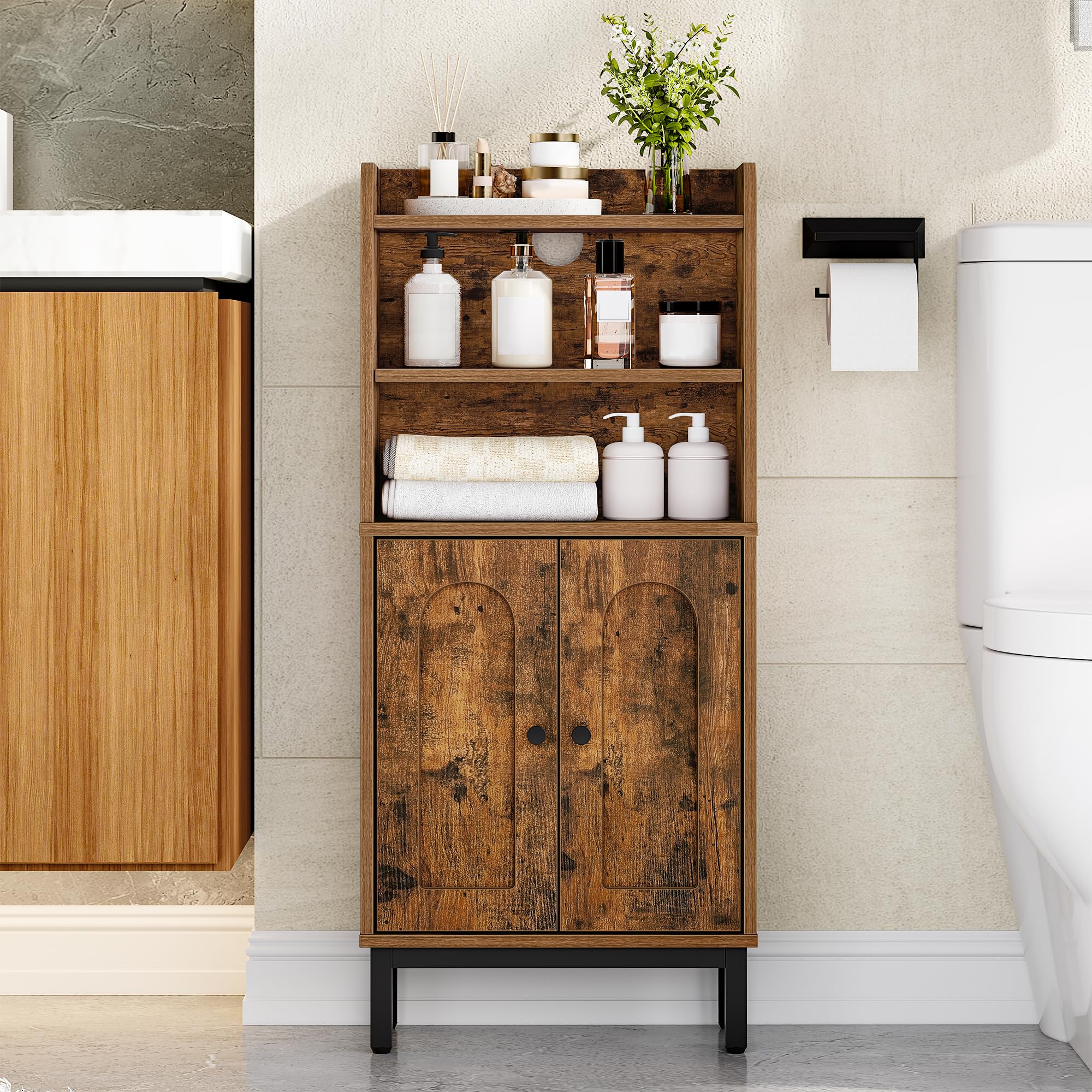 Photo 1 of **MISSING ASSEMBLY HARDWARE** Hzuaneri Bathroom Storage Cabinet, Small Floor Cabinet with 2 Door and Shelves, Toilet Paper Cabinets, Bathroom Organizer with Adjustable Shelf, for Small Spaces Rustic Brown 7.9"D x 14.6"W x 32.7"H