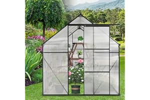 GLANZEND 6x8 FT Polycarbonate Greenhouse, Walk-in Garden Plants Heavy Duty Green House, Weatherproof Aluminum Hot House w/ Raised Base and Sliding Door & Vent for Outdoor Backyard, Black