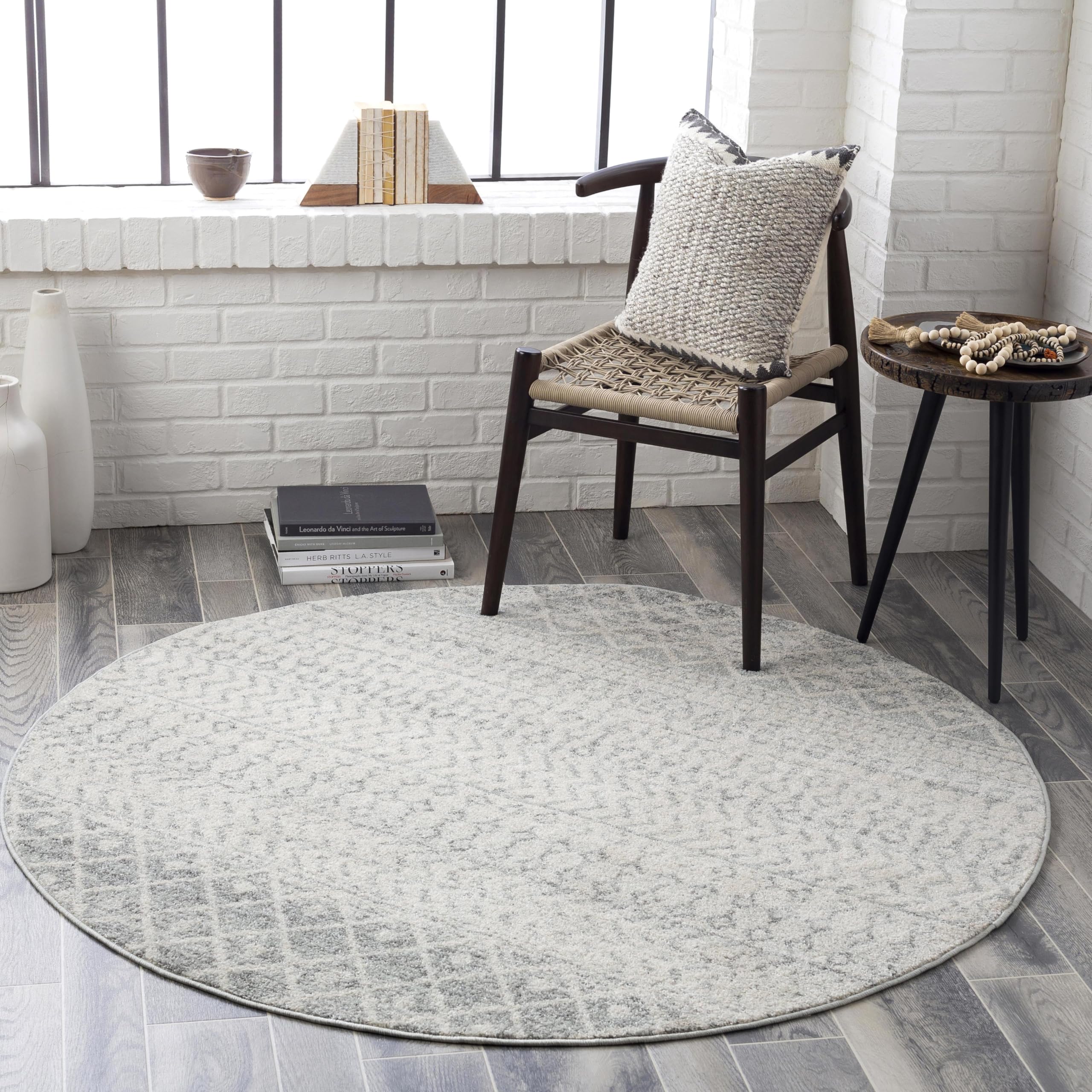 Livabliss Area Rugs – 10ft Round Chester Boho Moroccan Gray Rug for Living Room Bedroom – Grey White Geometric Stain Resistant Carpet for Nursery, Kitchen And Office (10′ x 10′)