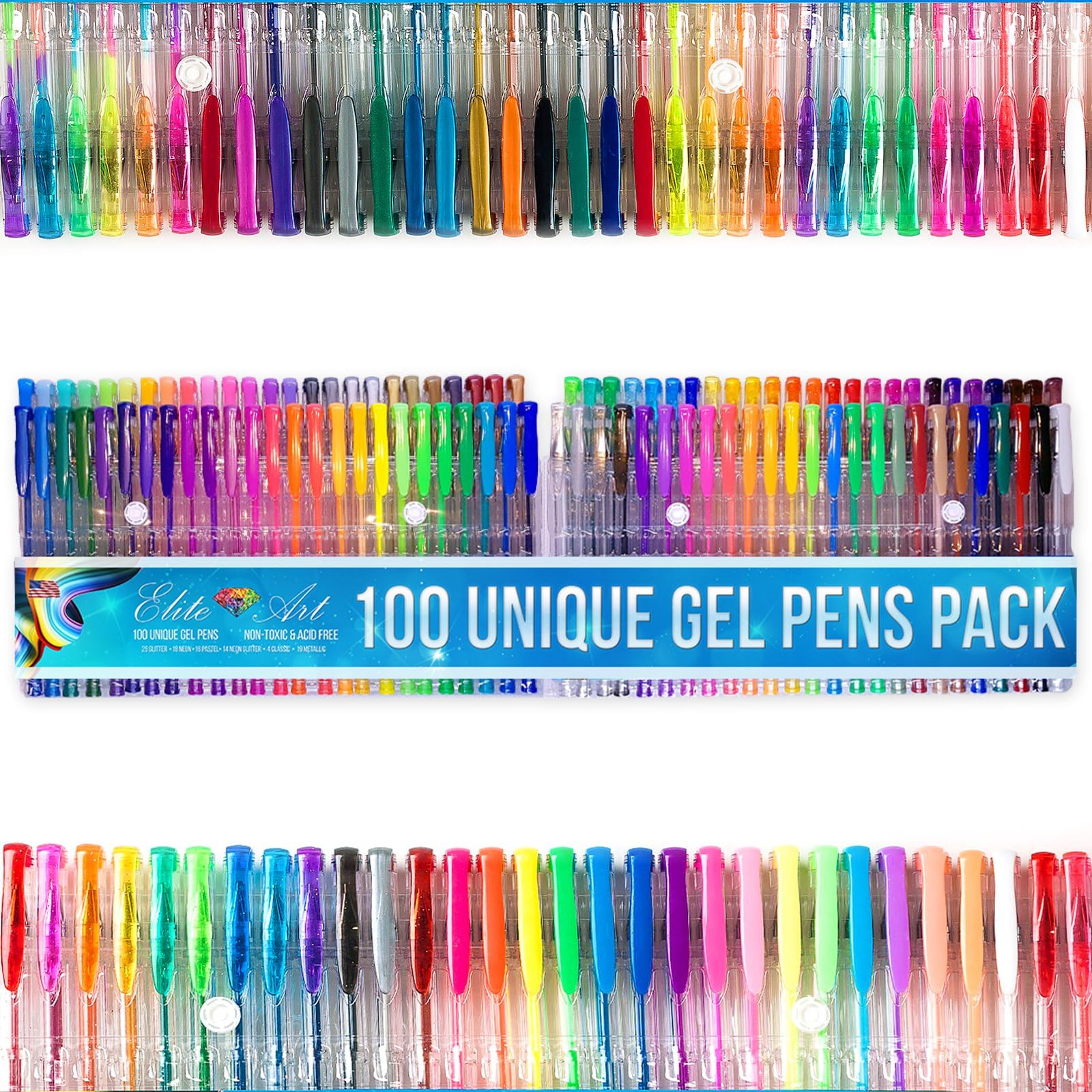 100 Unique no Duplicates High Quality Gel Pens Multipack of Standard Glitter Metallic Neon Pastel Swirl Art Set for Adult Colouring Ink Pens Sketching Drawing Doodling Great Gift Non-Toxic Acid Free
