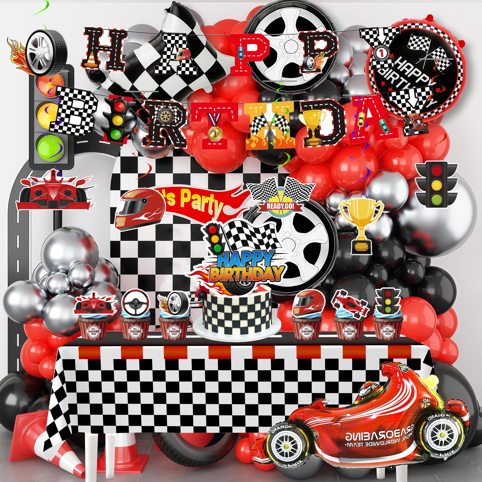 Race Car Birthday Decorations, 112pcs Race Car Party Decorations Set Includes Race Car Happy Birthday Banner Balloons Cake Toppers Hanging Swirls etc Racing Car Birthday Party Decorations