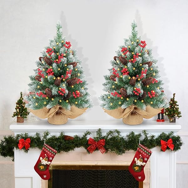 2 PACK 24 INCH SNOW FLOCKED PRELIT CHRISTMAS TREE DECOR WITH 50 WARM LIGHTS RED BERRIES PINE CONES, ARTIFICIAL TABLETOP CHRISTMAS TREE BATTERY OPERATED SMALL XMAS PINE TREE FOR TABLE DESK HOME DECOR