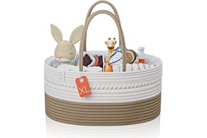KiddyCare Woven Diaper Caddy Organizer, Large Gray Multi Functional Portable Baby Basket with Handle, Baby Gift for Boy/Girl Nursery Storage, Organization, and Modern Car Diaper Caddy Natural X-Large
