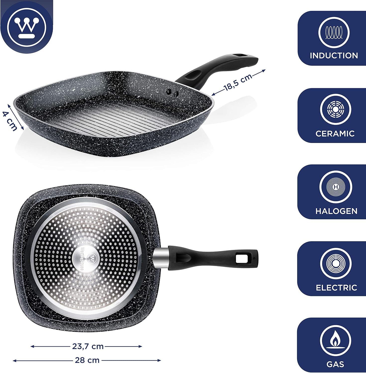 Westinghouse Griddle Pan Non Stick - diameter 28 cm Grill Pan for Indution Gas Electric & Ceramic Hob - Black Marble - Image 5