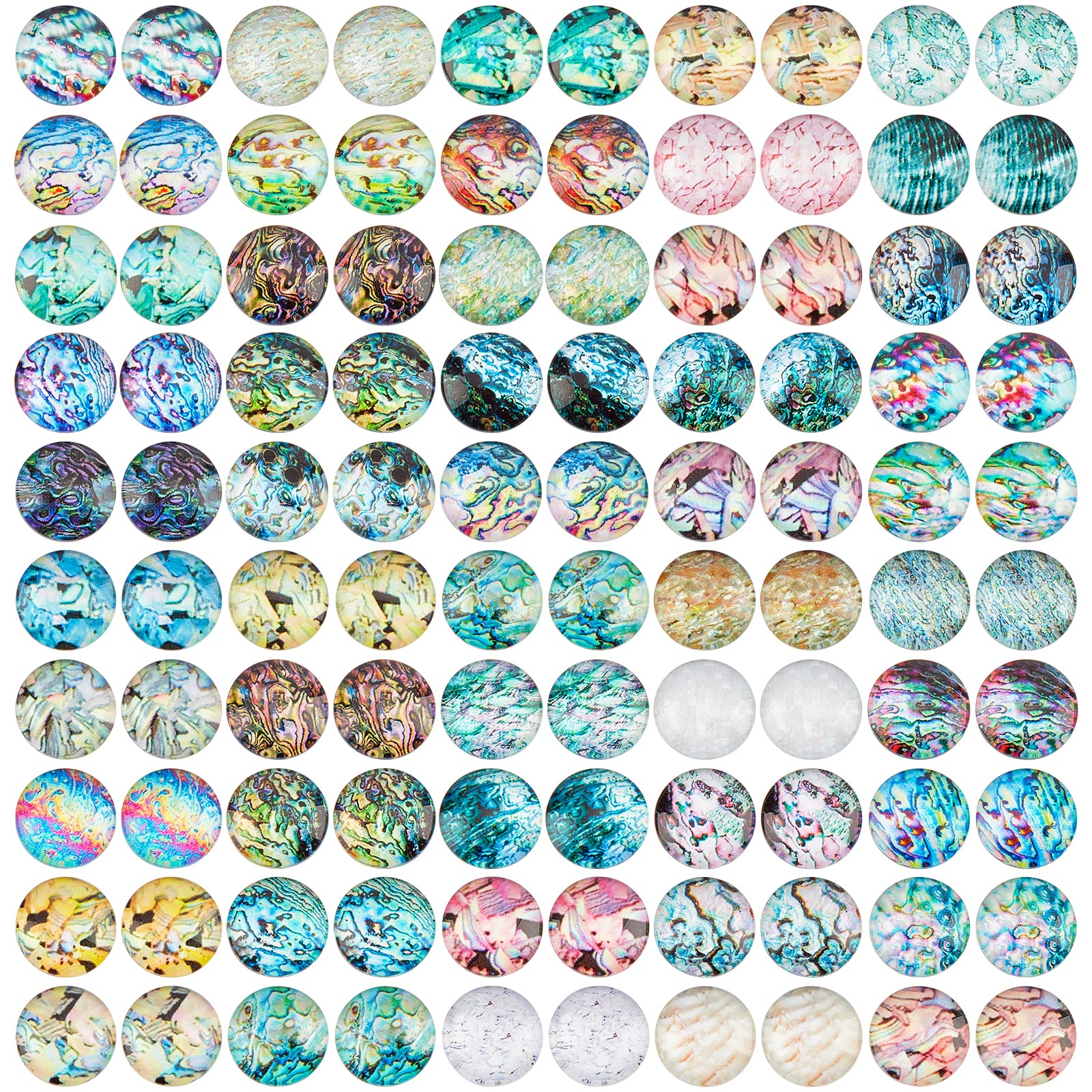 PH PandaHall 12mm Shell Glass Cabochons, 100pcs Mixed Ocean Seaside Tiles Starfish Seashell Mosaic Printed Picture Tile Half Round Dome Cabochons for Hawaii Summer Christmas Necklace Jewellery Making