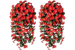 HYEFLORA Artificial Fake Hanging Plants Flowers for Outdoor Outside Summer Spring Decoration, 2 PCS Faux Silk Red Orchid Long Vines UV Resistant Realistic for Home Indoor Porch Patio Balcony