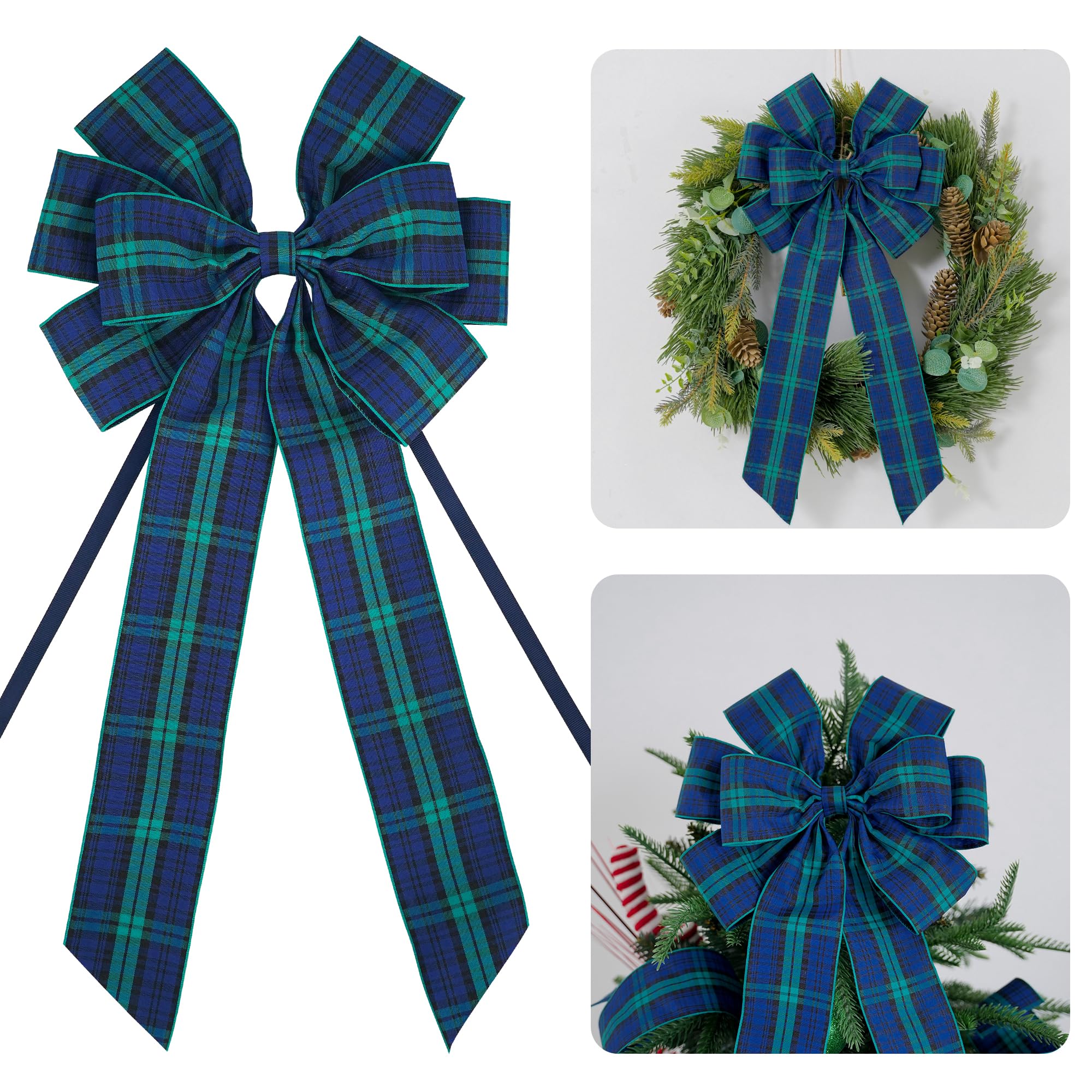 Photo 1 of AIMUDI Christmas Tree Bows 10×20'' Navy Blue Green Plaid Bows for Gift Wrapping Wreath Bows with Wire Edge Premade Gift Bows for Craft Present Fireplace Holiday Christmas Decorations, 2 PCs