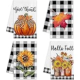 Hexagram Fall Kitchen Towels Set of 4, Thanksgiving Dish Towels, Buffalo Plaid Sunflower Decorations for Kitchen, Autumn Hand Towel