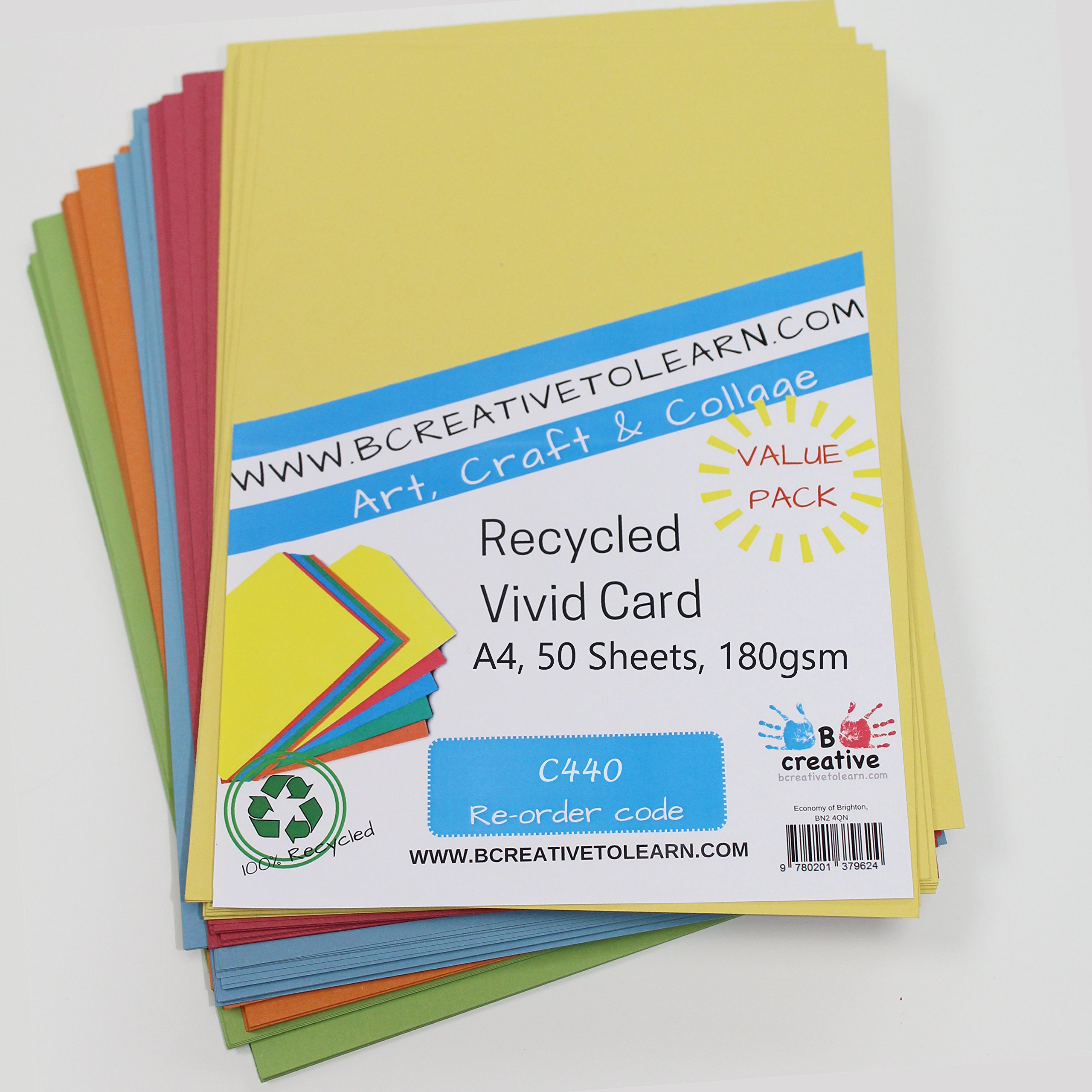 A4 Recycled Vivid Bright Coloured Card 180gsm/230 Micron Pack of 50 Sheets by BCreative®