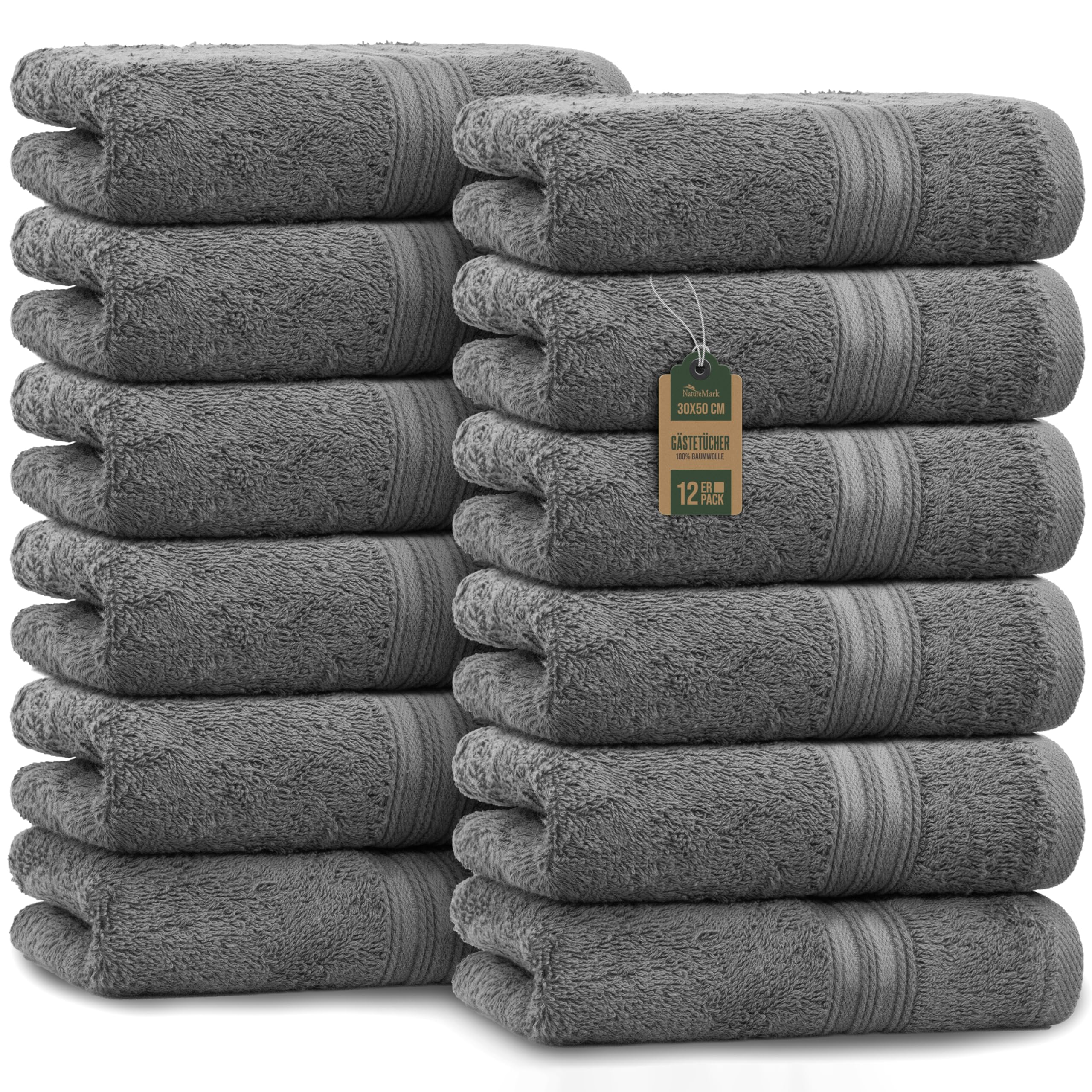 NatureMark Pack of 12 Guest Towels, 30 x 50 cm, 100% Cotton, Anthracite Gray, NM-HT0817