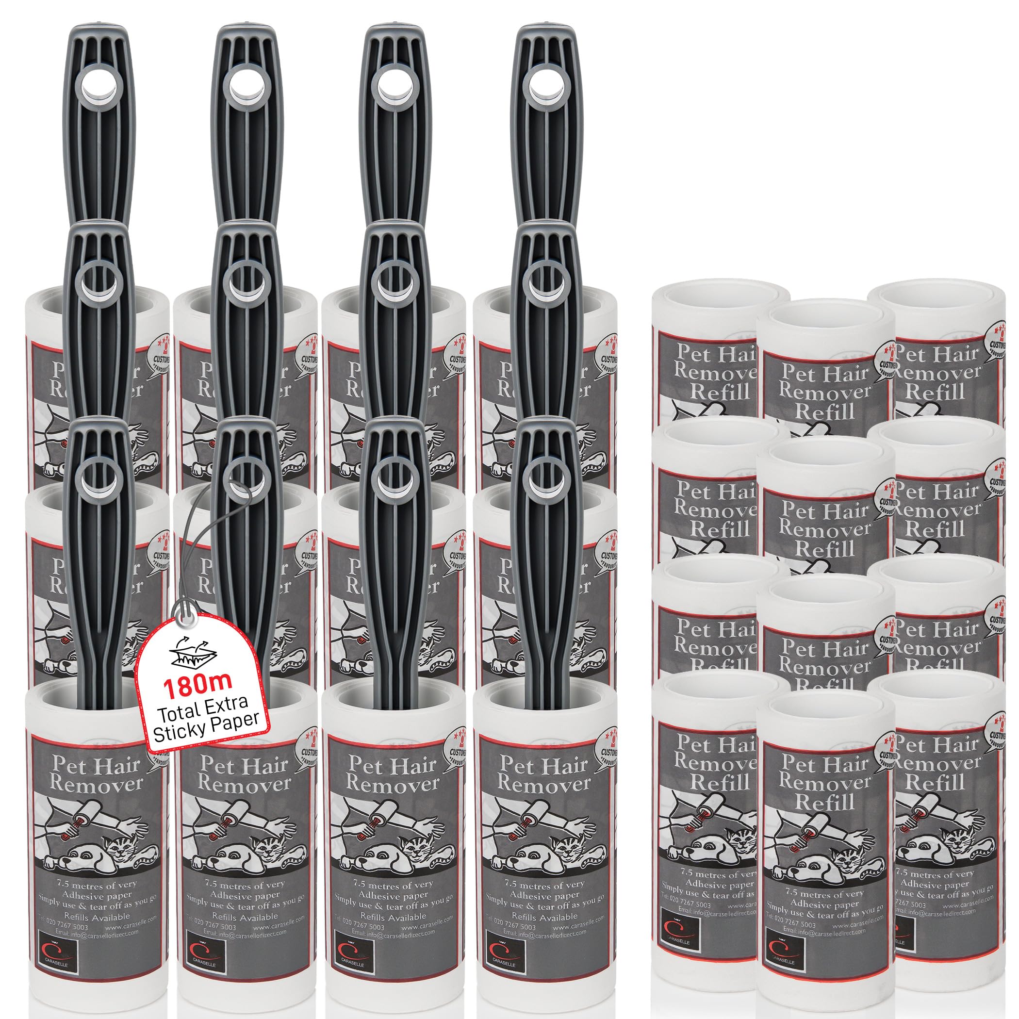 Caraselle Pet Hair Remover – 180m total (≈1800 Sheets Equivalent) Extra Sticky Lint Roller for Dog & Cat Hair on Clothes, Sofa & Furniture Continuous No-Perforation Paper Stays Extra Sticky To The End