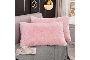 WERDIM Shaggy Faux Fur Pillowcases 2 Pack Button Closure Velvet Pillow Shams Standard/Queen Size (Pink, 20 X 26 Inches)