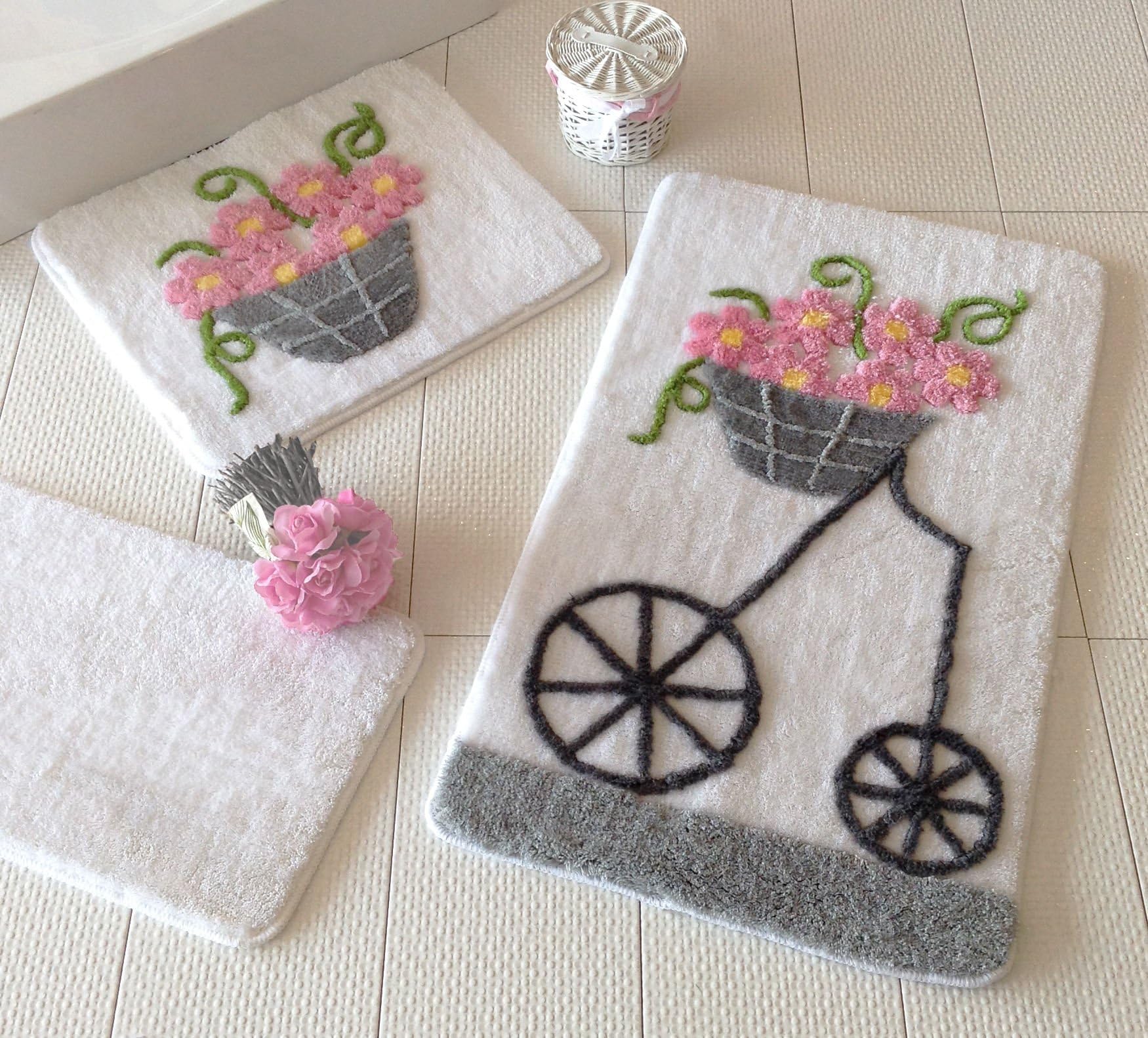 OMASES Bath Mat Set Bicycle Garden Fluffy Shaggy Rug Rose Flower Antibacterial Non Slip Pink Grey White Basket Sicilian Washable Shower Bathroom Linen 3 Pieces Santorini Living Room Toilet 351ALS2012