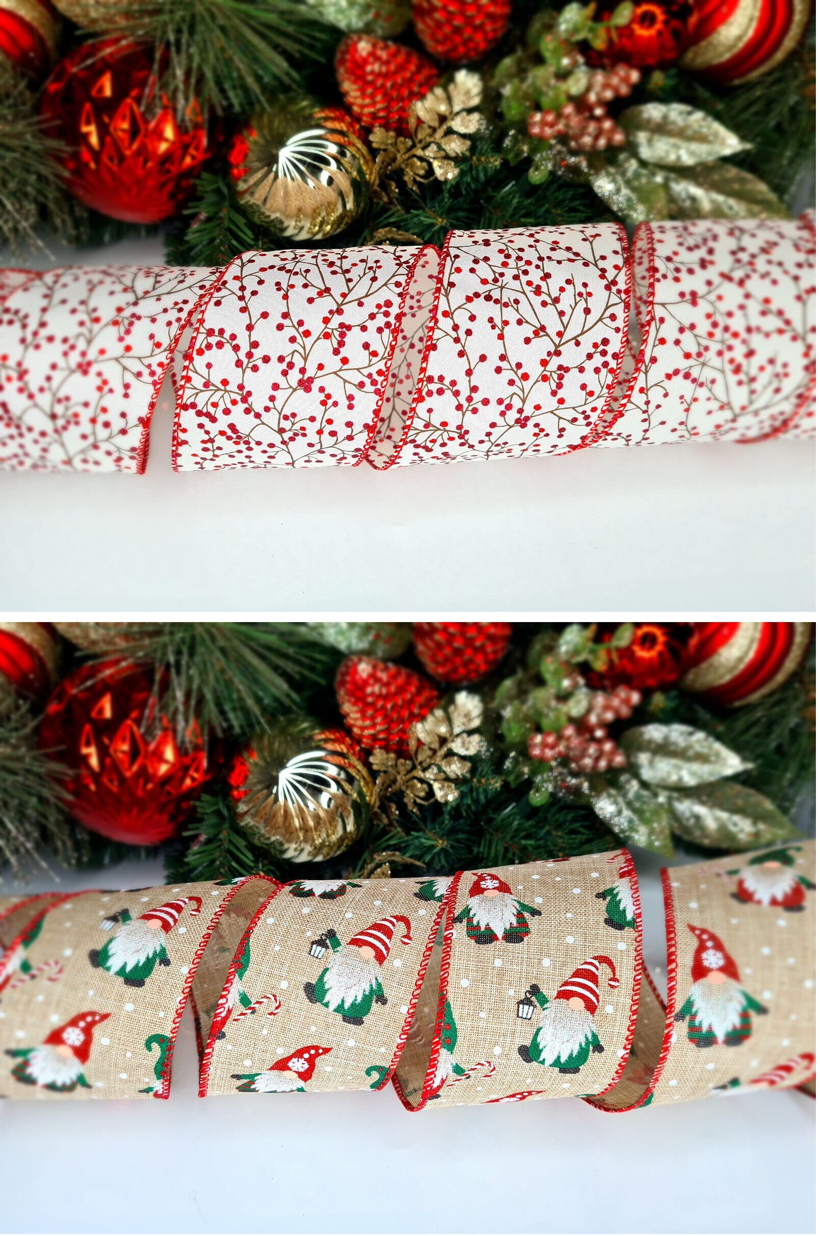 indigo Wire Edge 6.3cm wide Christmas Ribbon for Gift Wrapping, Xmas Tree Garland Decor - Pack 2 Designs (Festive Berries and Xmas Santa)