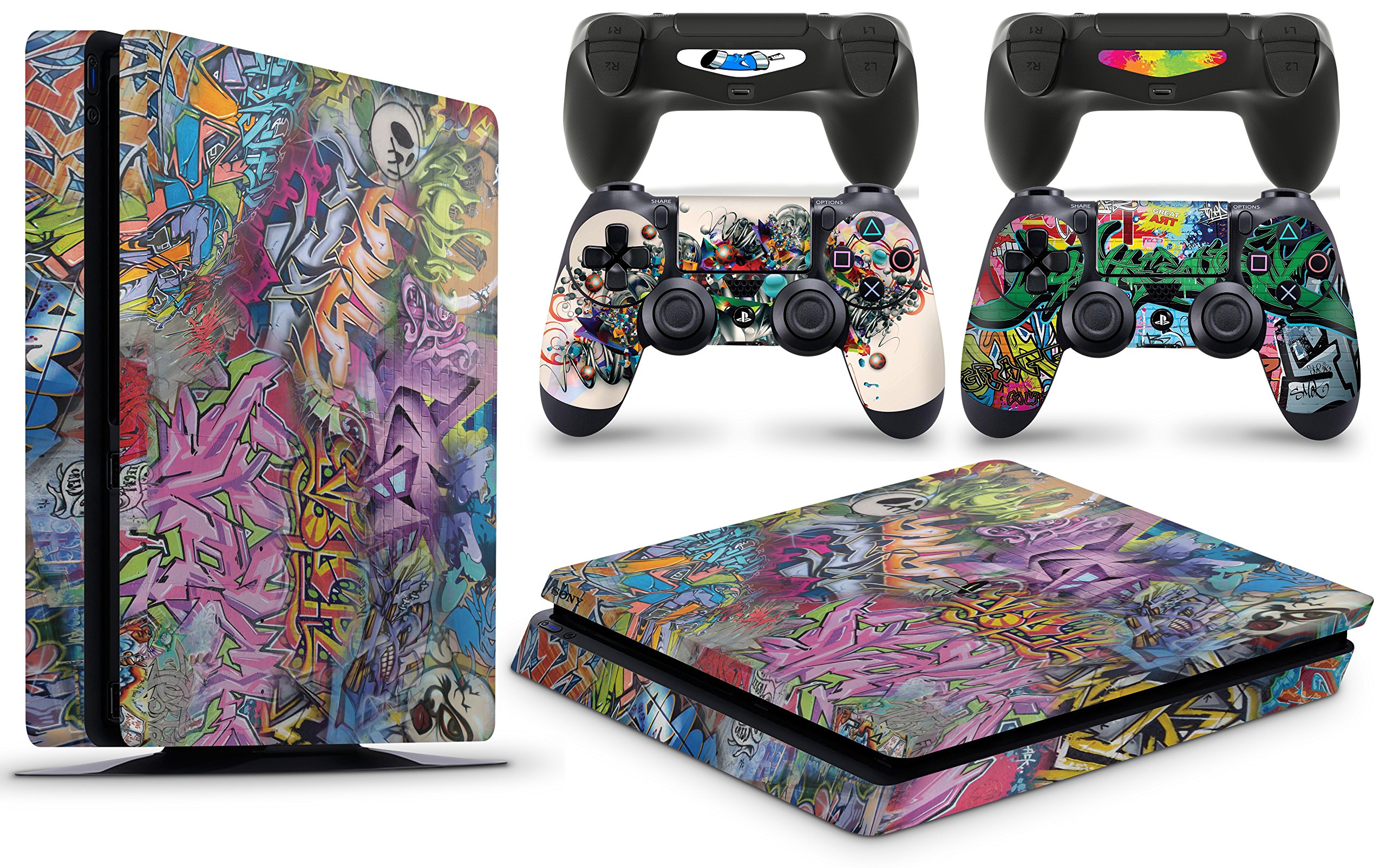 PS4 Slim Console Graffiti Skin Decal Vinal Sticker + 2 Controller Skins Set