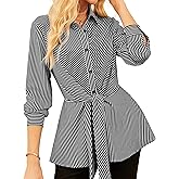 GRACE KARIN Peplum Tops for Women Tie Front Striped Button Down Shirt Collared Long Sleeve Business Casual Work Office Blouse