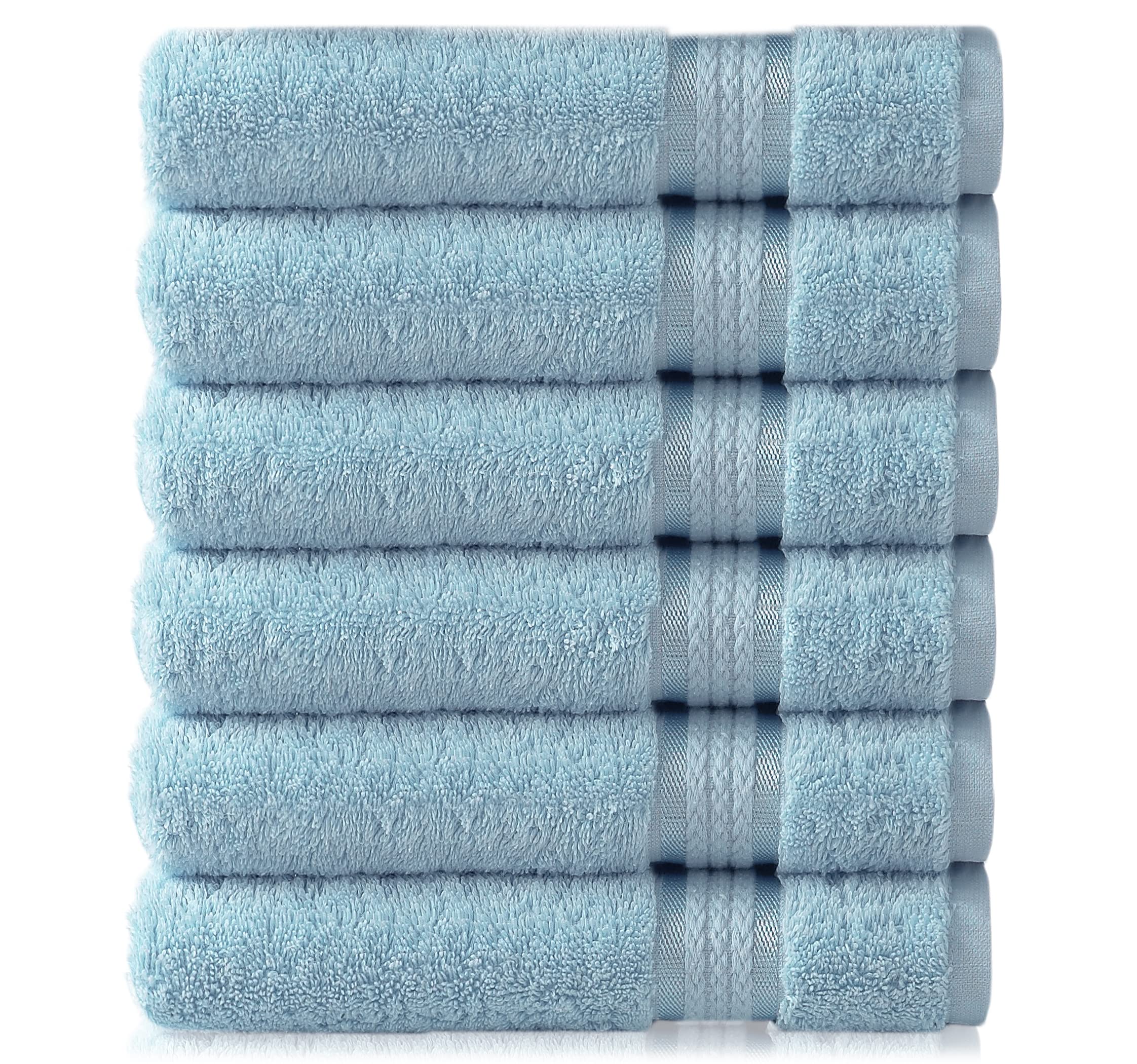 Cotton Craft Ultra Soft 6 Pack Hand Towels 16x28 Light Blue weighs 6 Ounces each - 100% Pure Ringspun Cotton - Luxurious Rayon trim - Ideal for everyday use - Easy care machine wash