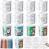 JAPBOR Winter Color Your Own Mugs - 12 Set DIY Christmas Coloring Cups Craft for Kids, 10 oz Xmas Coffee Mugs with 36 Insert Paper and 12 Color Pen for School Class Winter Holiday Party Supplies