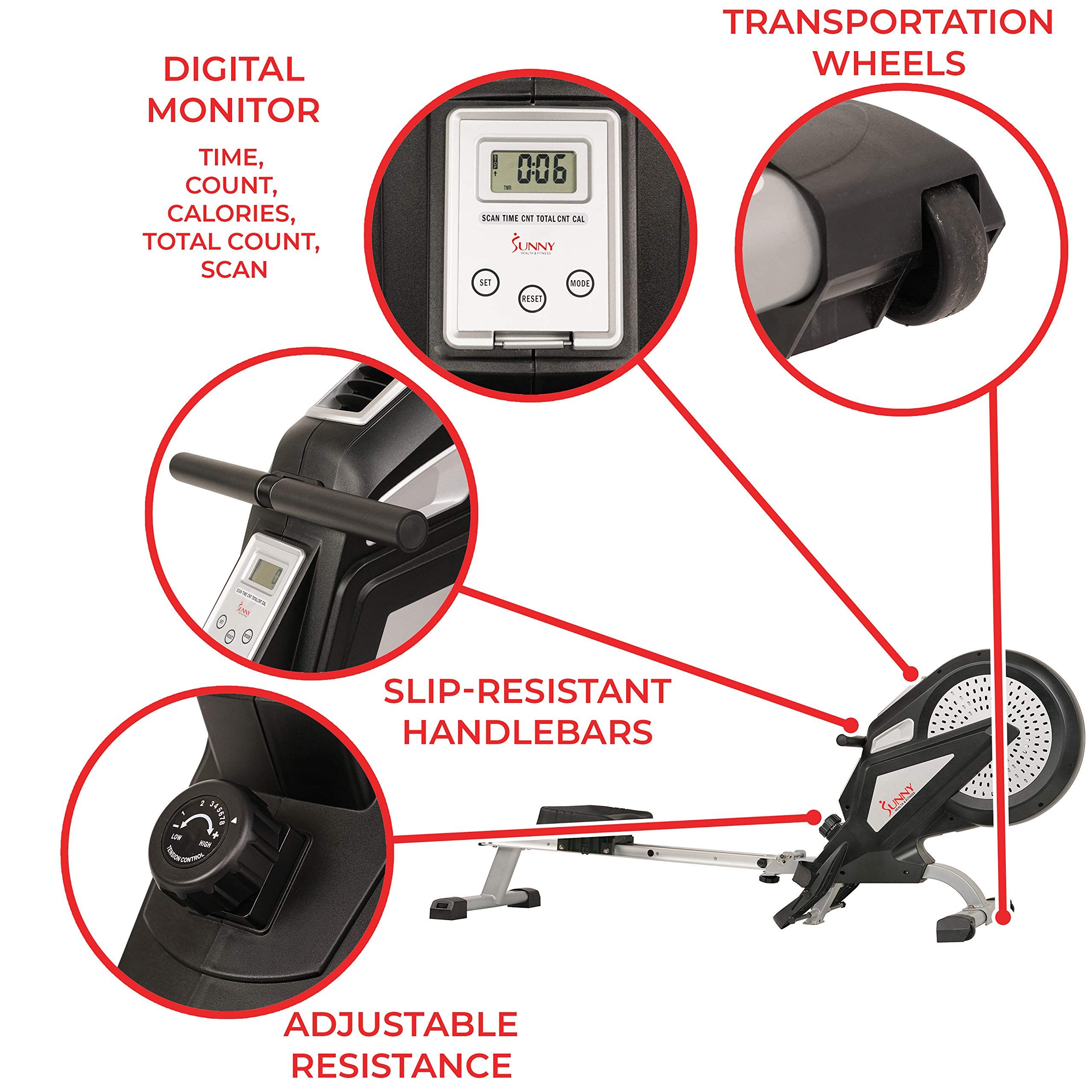 Sunny Health & Fitness Air Plus Magnetic Resistance Rowing Machine – SF-RW5940, Gray - Image 4