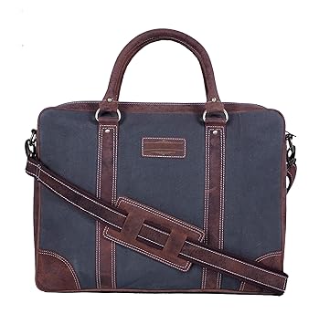 Jopelle Mens Geniune Leather with Canvas Grey Multi-Compartment Laptop Messanger/Briefcase for Office