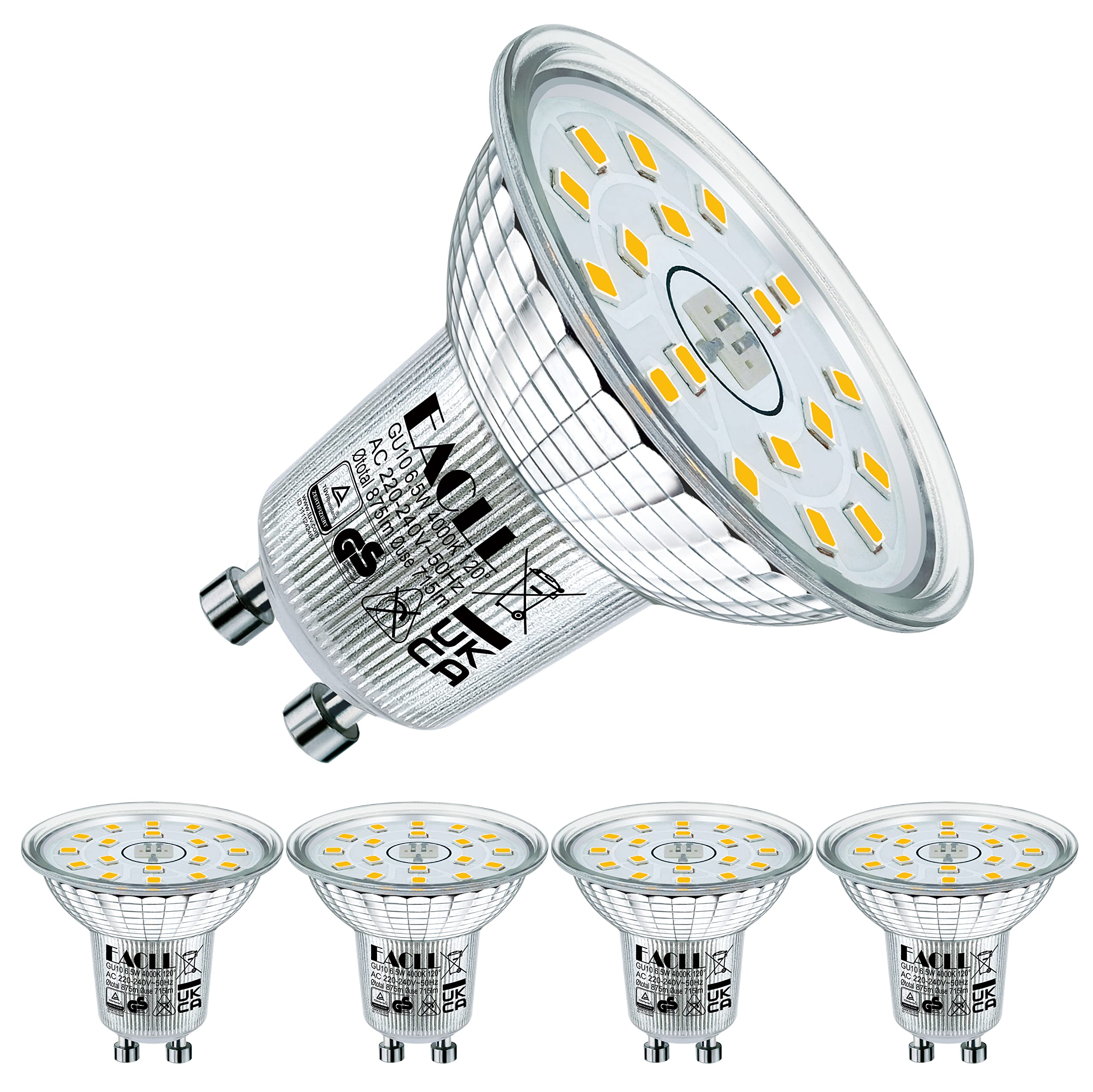 EACLL GU10 LED Bulbs Neutral White 4000K 6.5W Replaces 95W Halogen Bulbs, Pack of 4, 875 Lumen, AC 230 V Flicker-Free Spotlight Beam Angle 120° Spot, Non-Dimmable Shorter Reflector Lamps