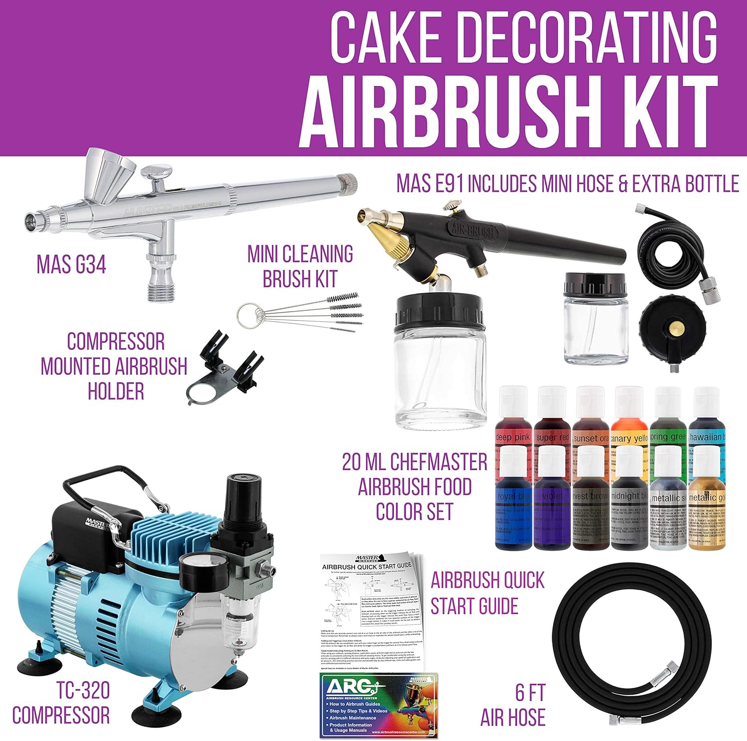 Master Airbrush Cake Decorating Airbrushing System Kit with 2 Airbrushes, Gravity and Siphon, 12 Color Chefmaster Food Coloring Set, Pro Cool Runner II Dual Fan Air Compressor - How To Guide, Cupcakes: Home & Kitchen