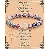 JoycuFF Christian Bracelets for Women Cross Bracelets for Religious Women Easter Catholic Natural Stone Bracelets Christian Jewelry Faith Communion Baptism Gifts