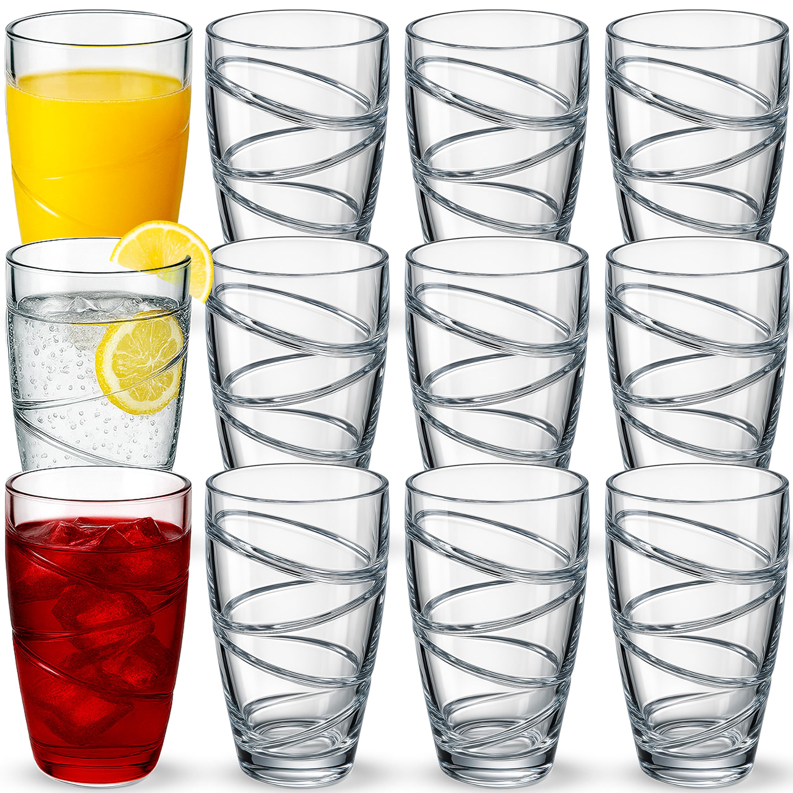 volila Set of 12 Plastic Tumblers - 500ml Clear Plastic Drinking Glasses with Swirl Design, Reusable, Unbreakable, Stackable Garden Glasses, Acrylic Tumblers for Adults, Kids, Picnic, Camping, Party
