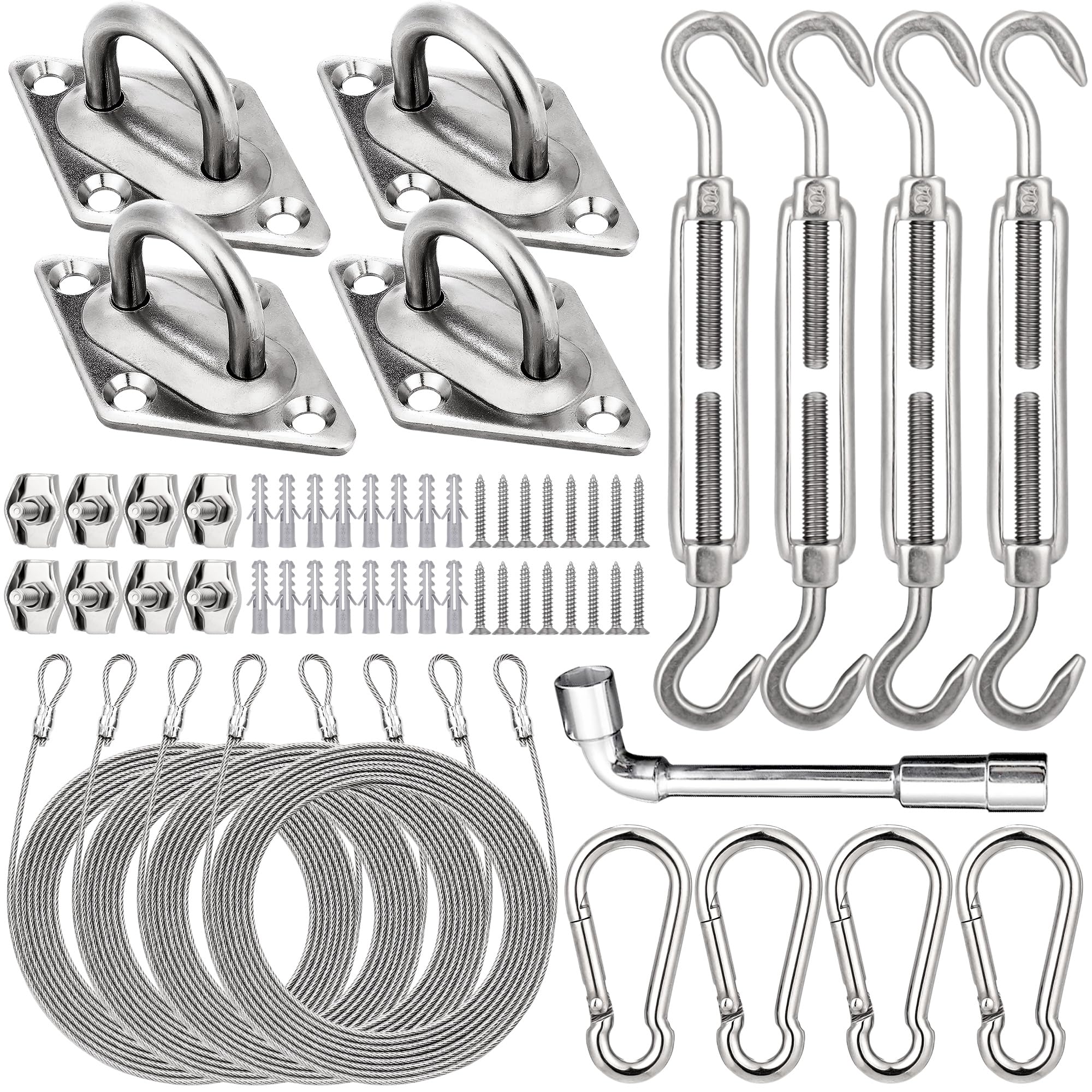 Photo 1 of **MISSING THE MOUNTING ACCESSORIES/HAS CABLES AND SCREWS**Fivebop Shade Sail Hardware Kit 5 Inch with 4Pcs 12Ft Wire Cable for Triangle Rectangle Sun Shade Sail Installation,304 Stainless Mounting Accessories for Garden Patio Outdoors, 57Pcs
