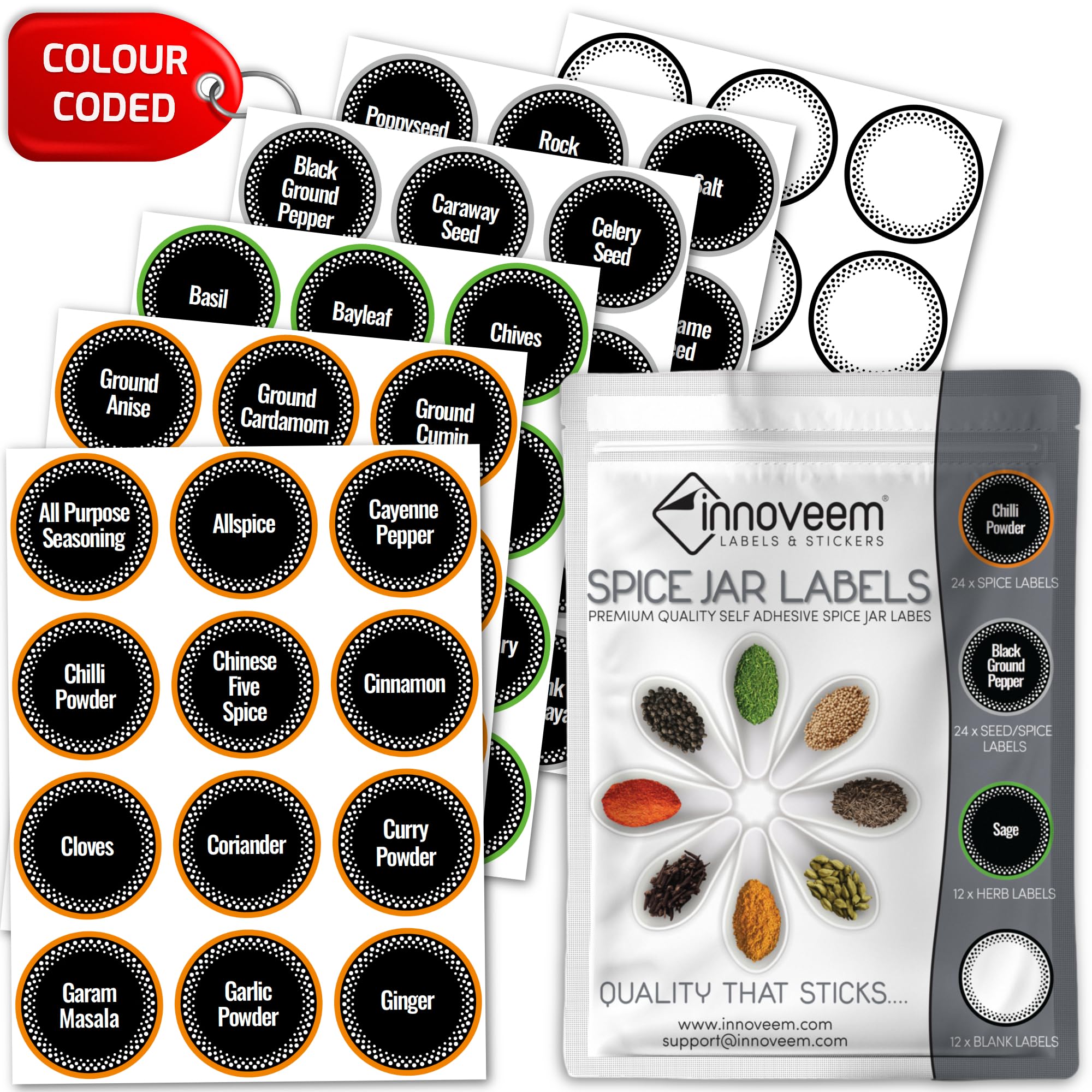 Spice Labels Stickers for Jars - 72 Herb and Spices Labels, 38mm Pre Printed Round Spice Rack Stickers | Easy to Read & Colour Coded for Seasoning and Kitchen Organisation by Innoveem