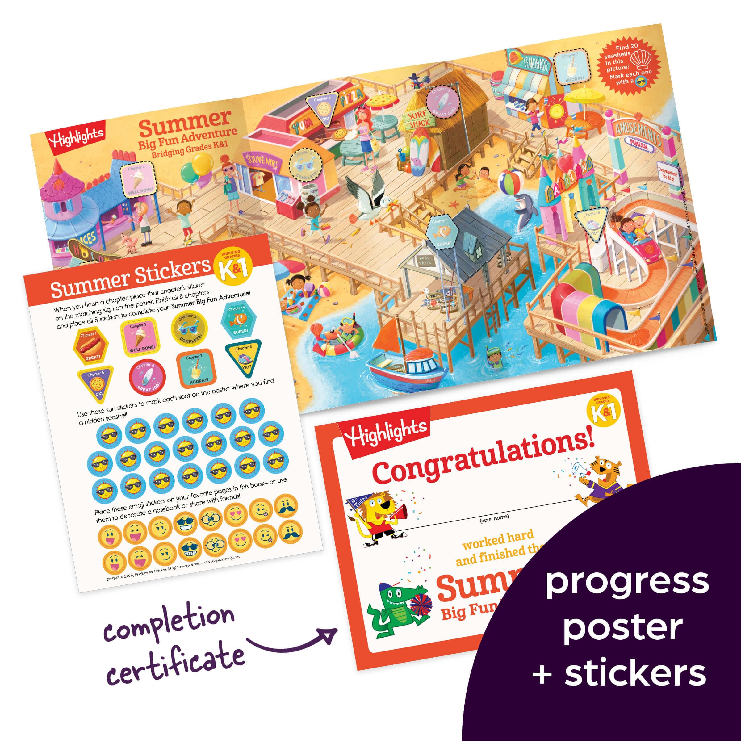 Summer Big Fun Workbook Bridging Grades K & 1: Ready for First Grade at Home, First Grade Summer Workbook with Letters, Reading, Writing, Addition, Subtraction and More (Highlights Summer Learning)