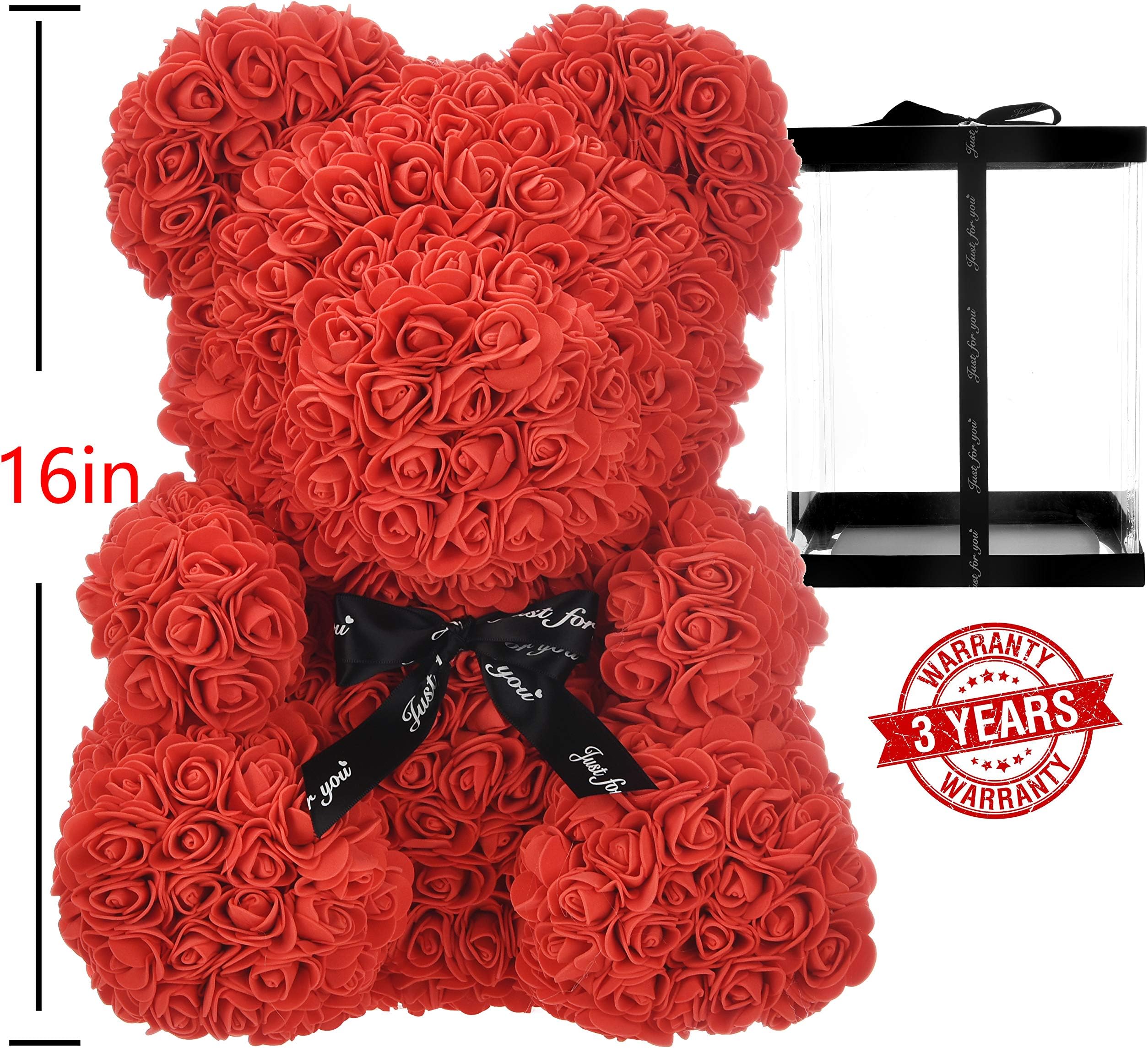 Rose Bear - Rose Teddy Bear on Every Rose Bear -Flower Bear Perfect for Anniversary's,Rose Bear , Mothers, Rose Teddy Bear. - Clear Gift Box Included! 16 Inches Tall - Over 500+ Flowers (red)