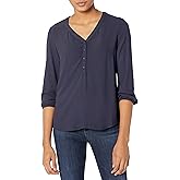 Amazon Essentials womens 3/4 Sleeve Button Popover Shirt, Loose-Fit V-Neck Blouse