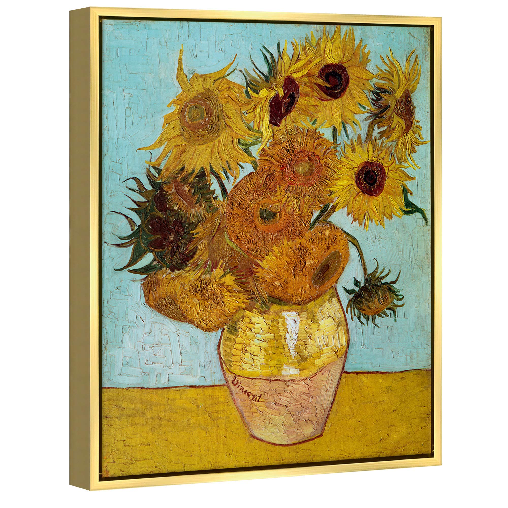 Wieco Art Gold Framed Sunflower by Vincent Van Gogh Modern Floral Canvas Prints Flowers Pictures on Canvas Wall Art for Home and office Decorations