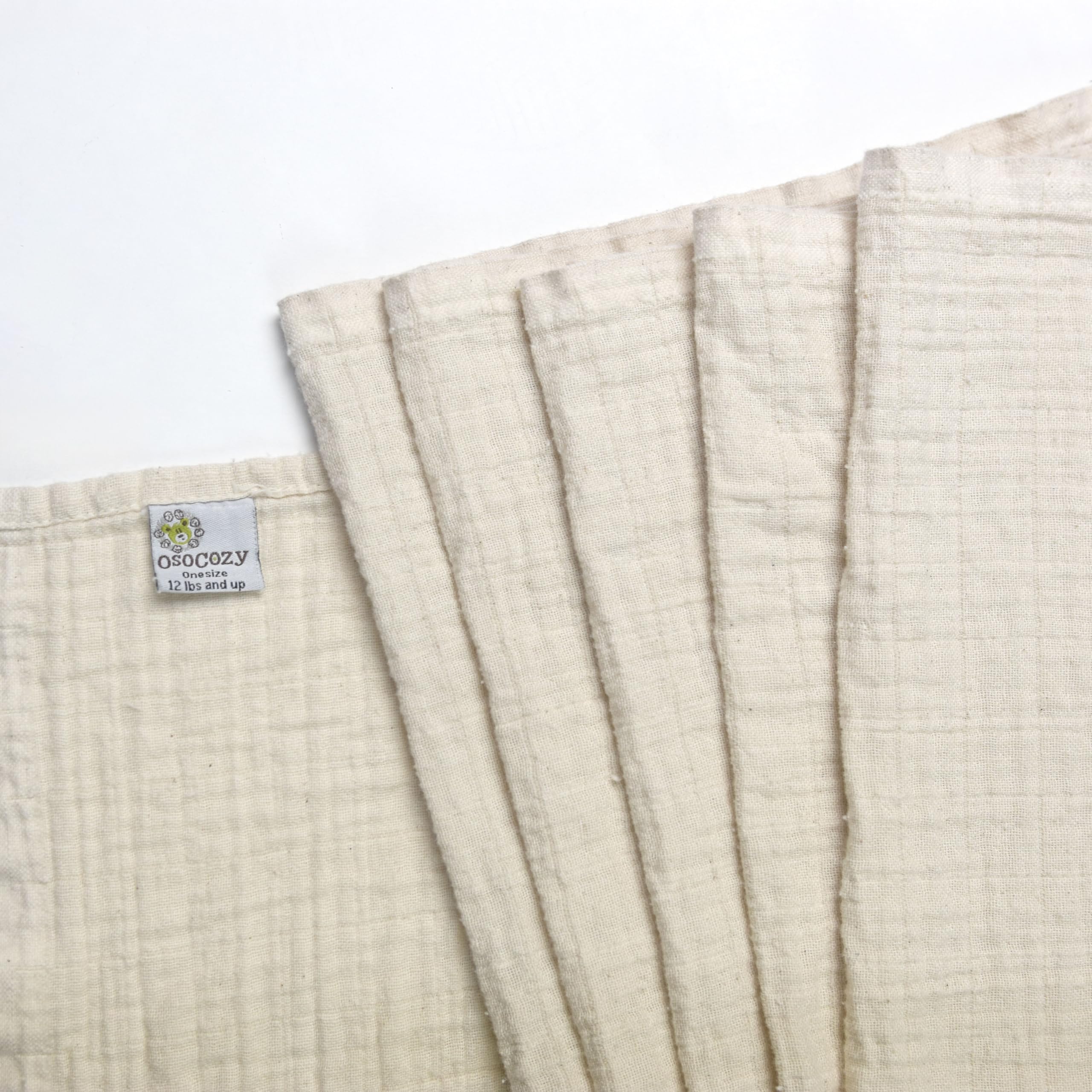 OsoCozy Organic Muslin Flat Cloth Diapers - Made of Ecologically Friendly, Soft, Absorbent, Double Layered 100% Organic Cotton. 6 Pack. OneSize Fits 12-30 Pounds.