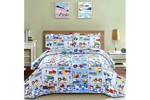 SMUGE 3-Piece Kid's Under Construction Bedspread Coverlet Twin(86x68 Inches),Tractors Trucks Digger Crane Cars Van Lightweight Summer Quilt Set,Reversible Bedding Set for Boys Girls Children (Twin,Red)