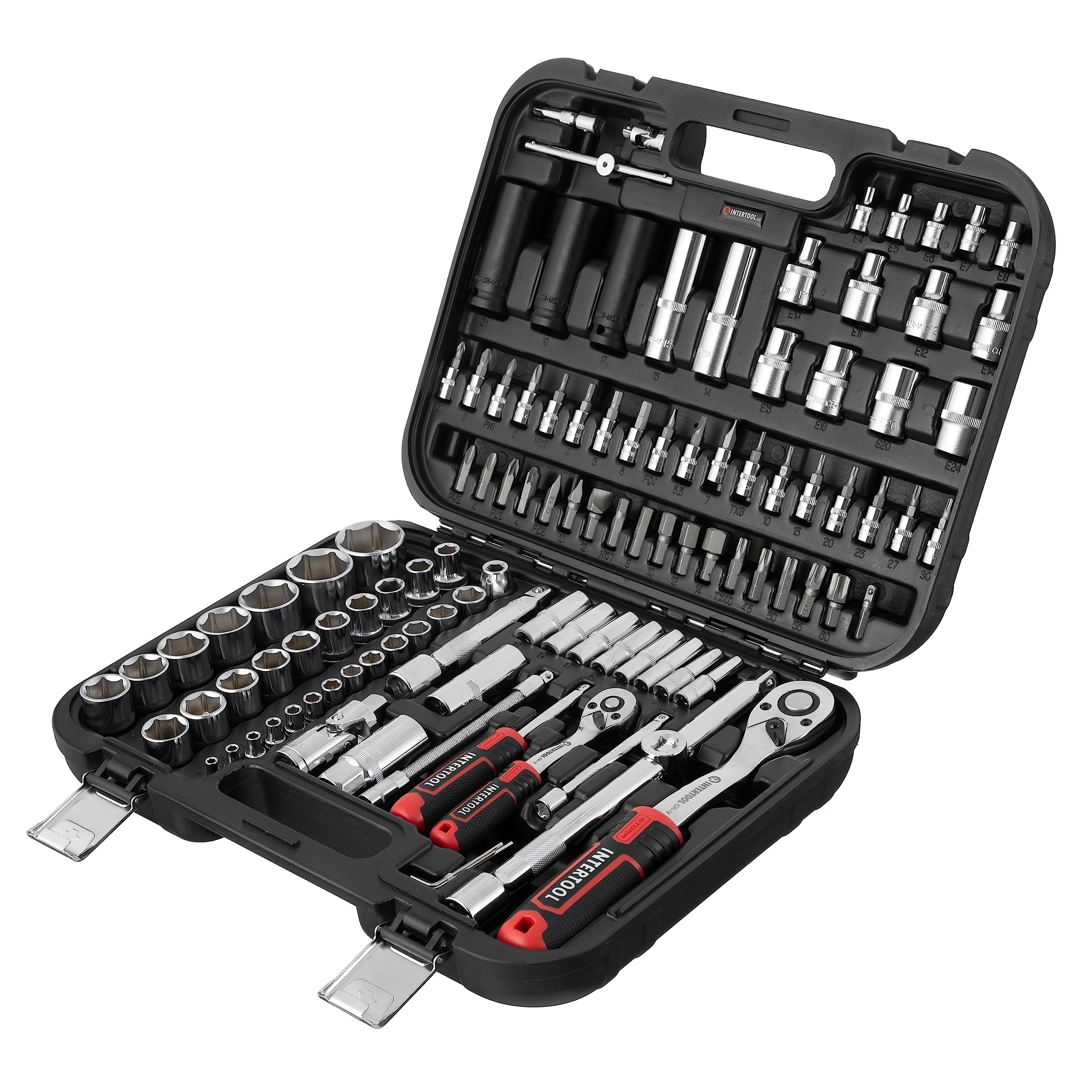 Photo 1 of NTERTOOL Metric Socket Set 1/4” & 1/2” Drive 111-Piece 4-32 mm - 3pc Impact Sockets Cr-Mo - Quick Release Ratchets, Extensions, Adapters, Bits, Screwdriver, Hard Case - Tool Gift - ET08-8111