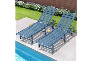 SERWALL Patio Chaise Lounge Set of 2, 78" Long Outdoor Lounger with Cup Holder and Rolling Wheels, HDPE Pool Chaise for Poolside, Deck, Sunbathing, Blue