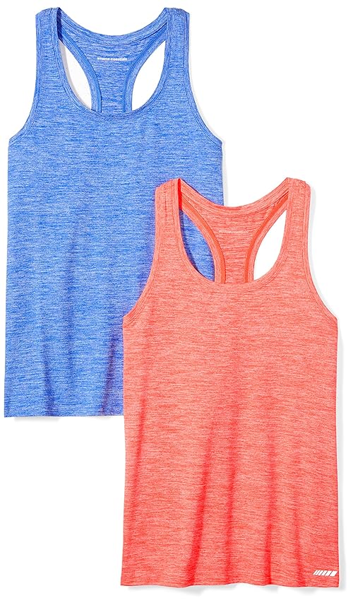 Amazon Essentials Women's Active Quick Dry Tech Stretch Racerback Tank Top (Available in Plus Size), Pack of 2, Coral Orange Space Dye/Light Blue Space Dye, Small