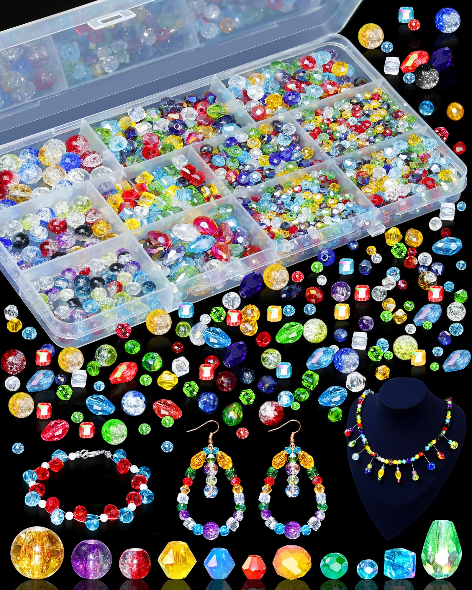Photo 1 of 1076PCS FIVEIZERO Crystal Glass Beads for Jewelry Making, Assorted AB Rainbow Craft Faceted, Round, Bicone and Teardrop Beads for DIY Bracelets, Necklaces, Suncatchers and Crafts Making