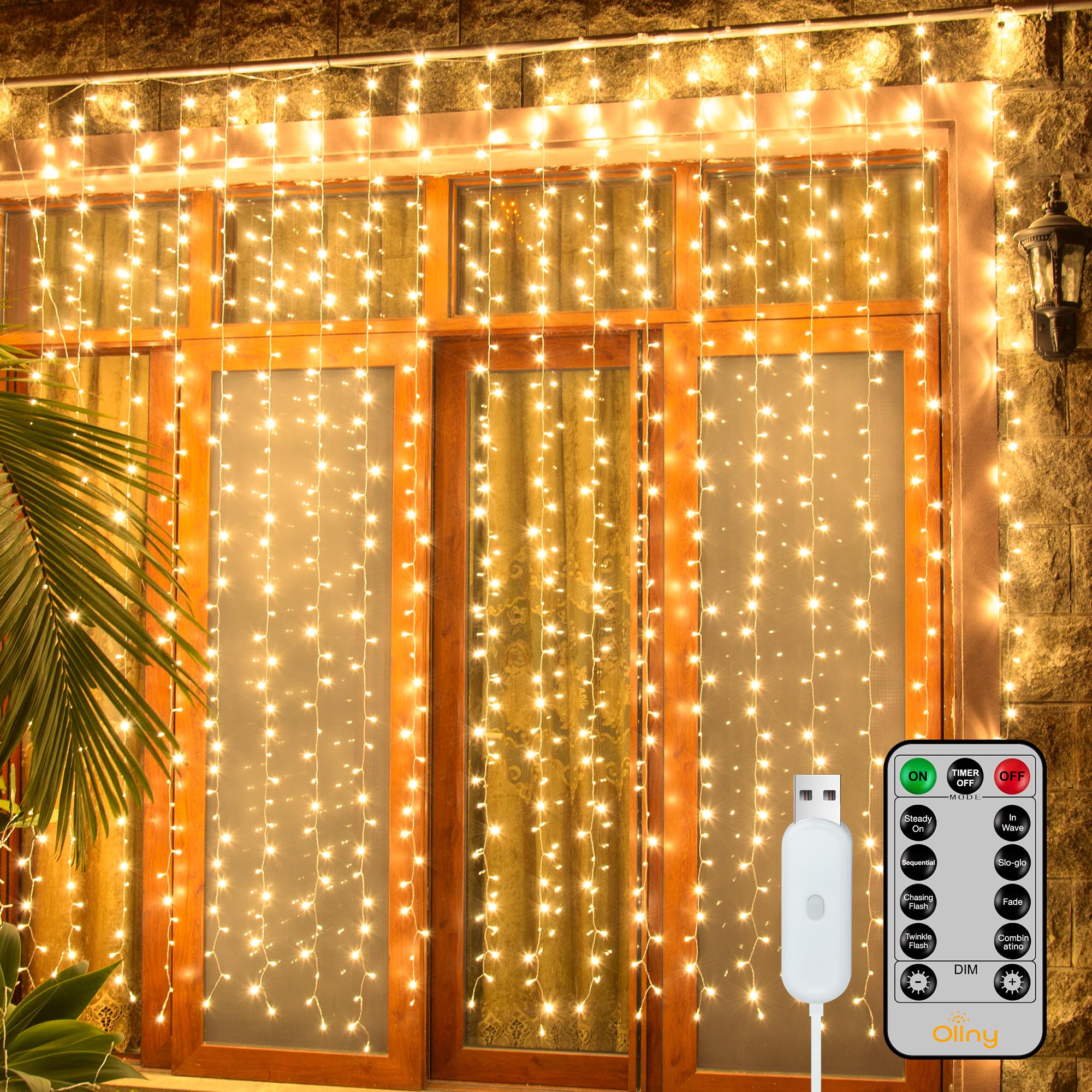 Ollny 2 Pack Curtain String Lights Warm White, 400LED 6.6x6.6ft Fairy Lights With Remote 8 Modes, Hanging Outdoor Waterproof, USB Power Wall for Bedroom Indoor Backdrop Window Image